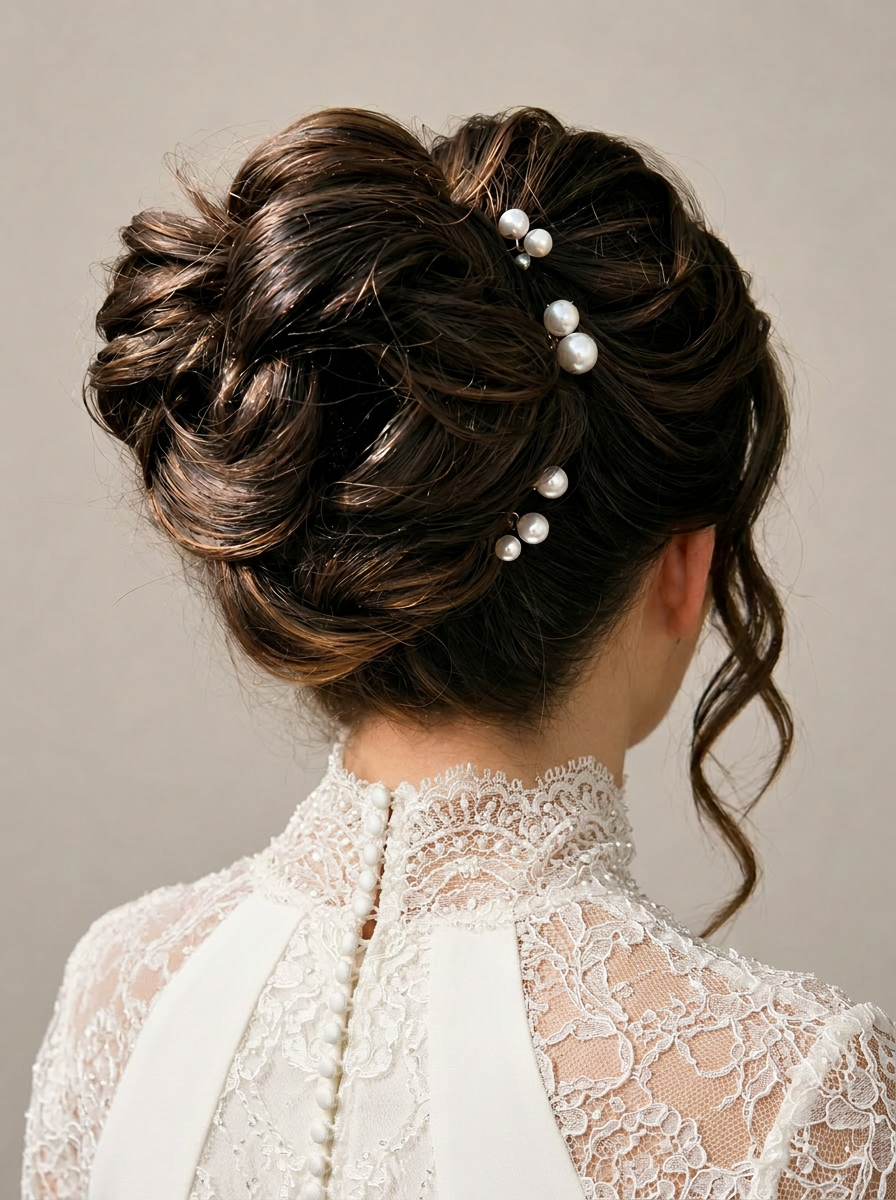 Bridal chignon updo by wedding hair stylist Samina, Sky Parlor Raleigh NC