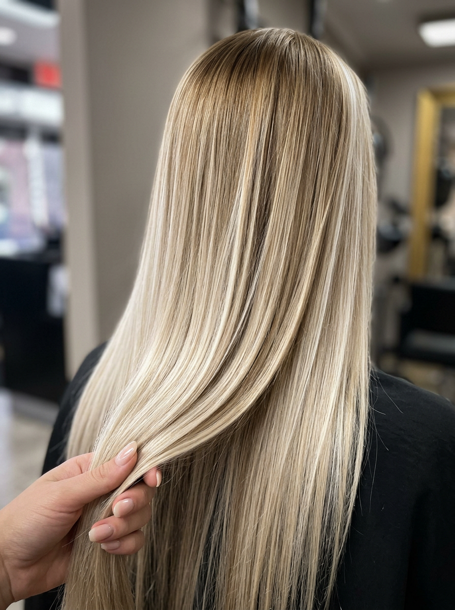 Champagne blonde balayage by luminous blonde specialist Samina, Raleigh NC
