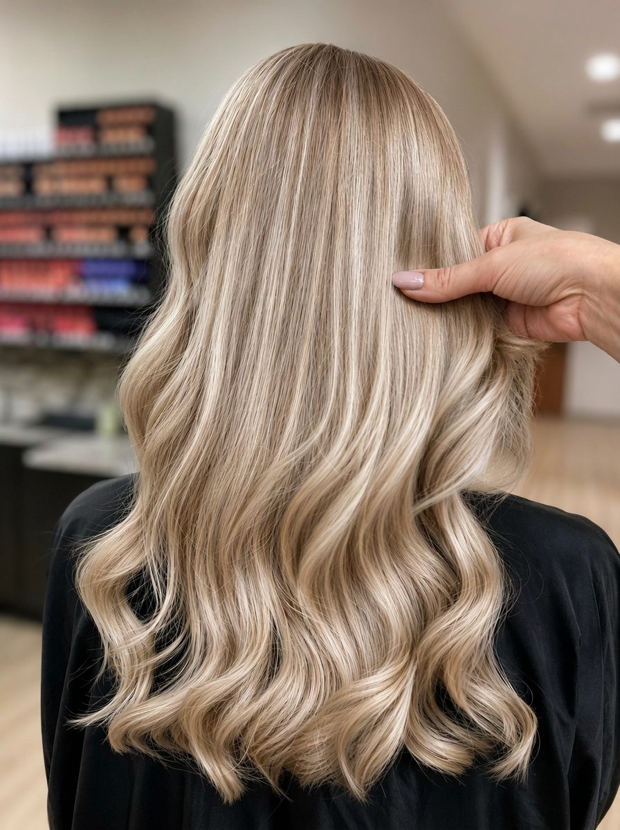 Vanilla blonde waves by master colorist Samina at Sky Parlor Hair Salon, Raleigh NC