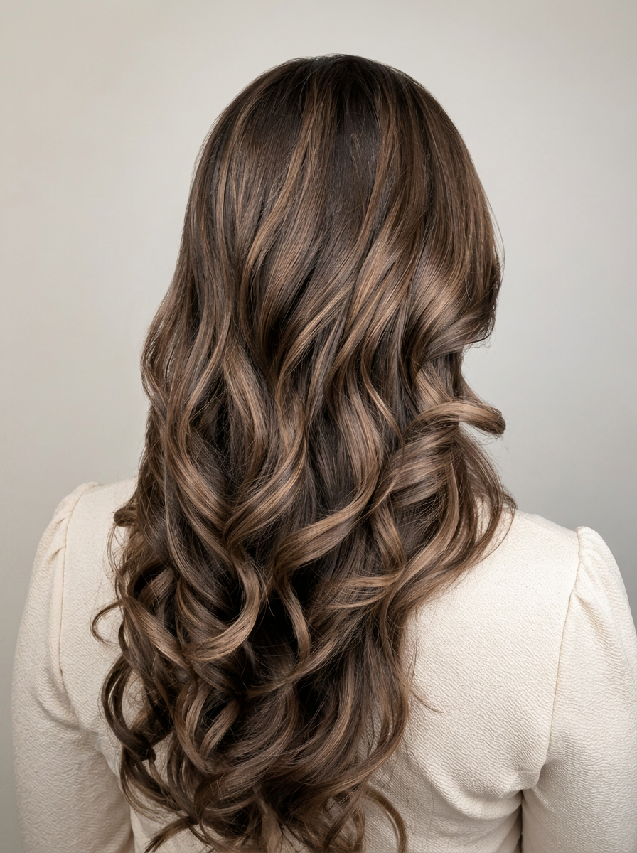 Dimensional brunette spiral curls by master colorist Samina, Sky Parlor Raleigh NC